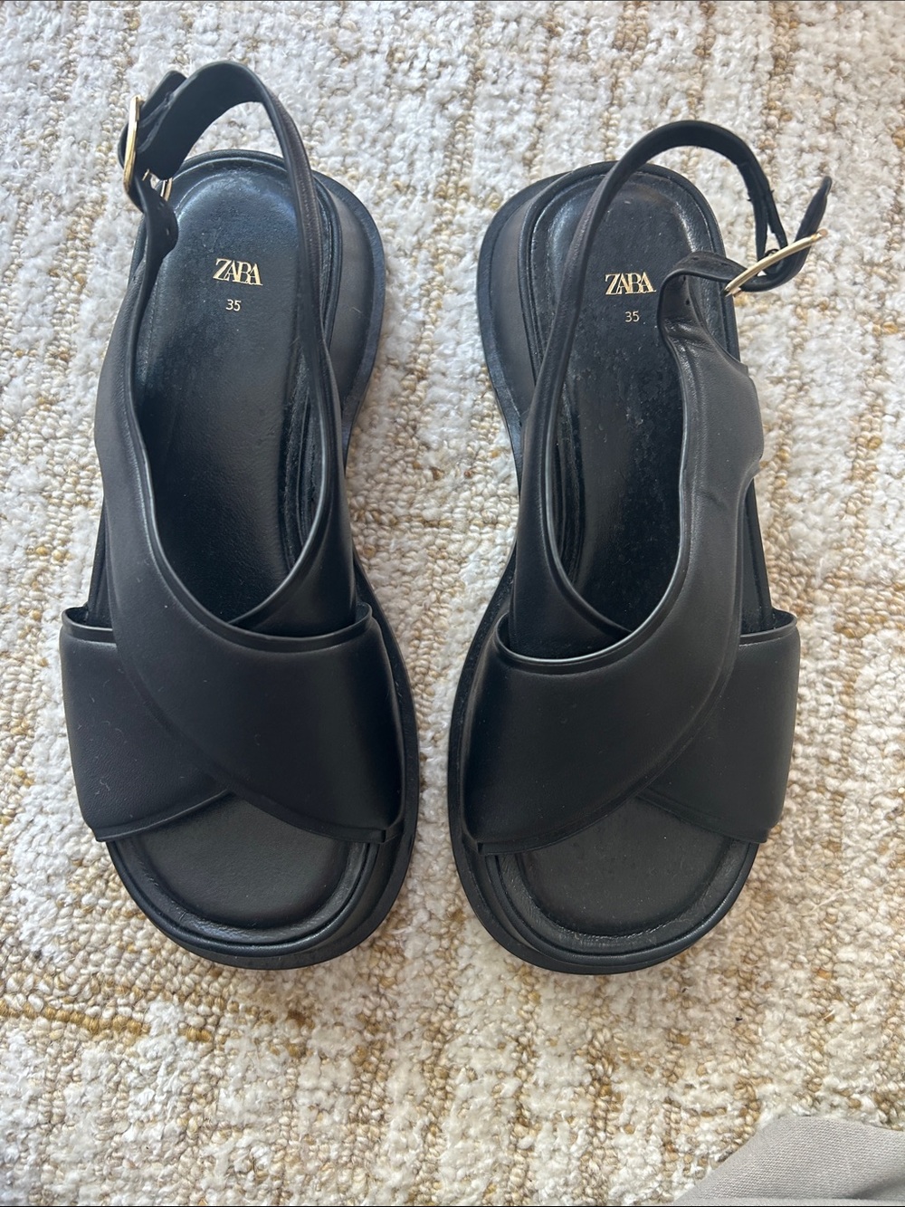 ZARA Black Crisscross Slingback Leather platform-chunky Sandals